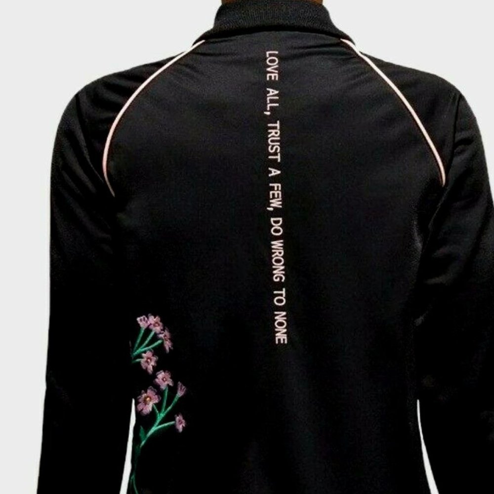 RARE Adidas Black Full Zip Jacket with Floral Design